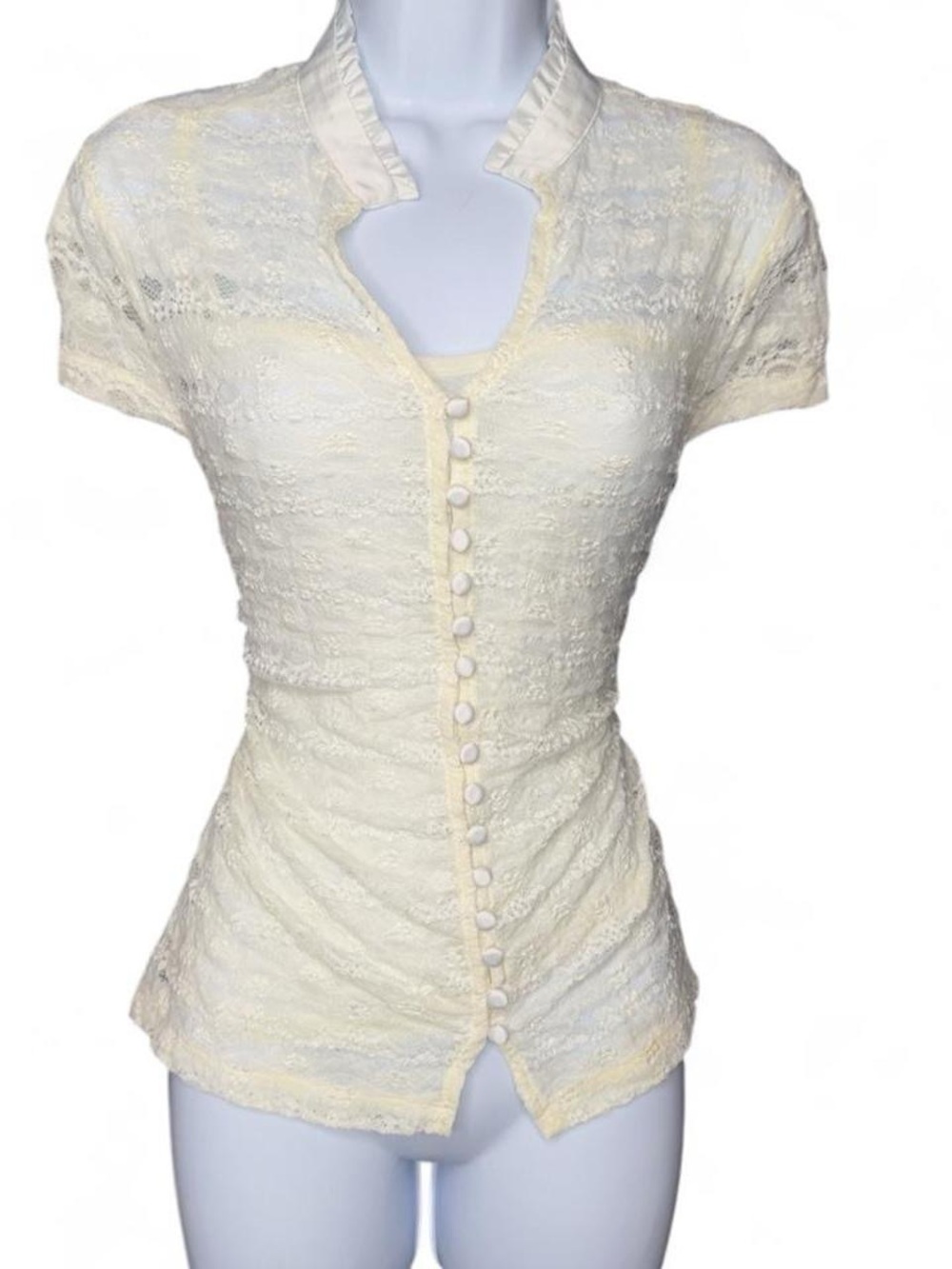 Alfani Pale cream sheer Lace Button-Front Short Sleeve Top